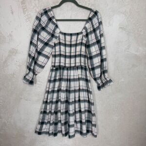 Madewell Smocked Puff Sleeve Plaid Mini Dress Cottagecore Milkmaid Womens Small